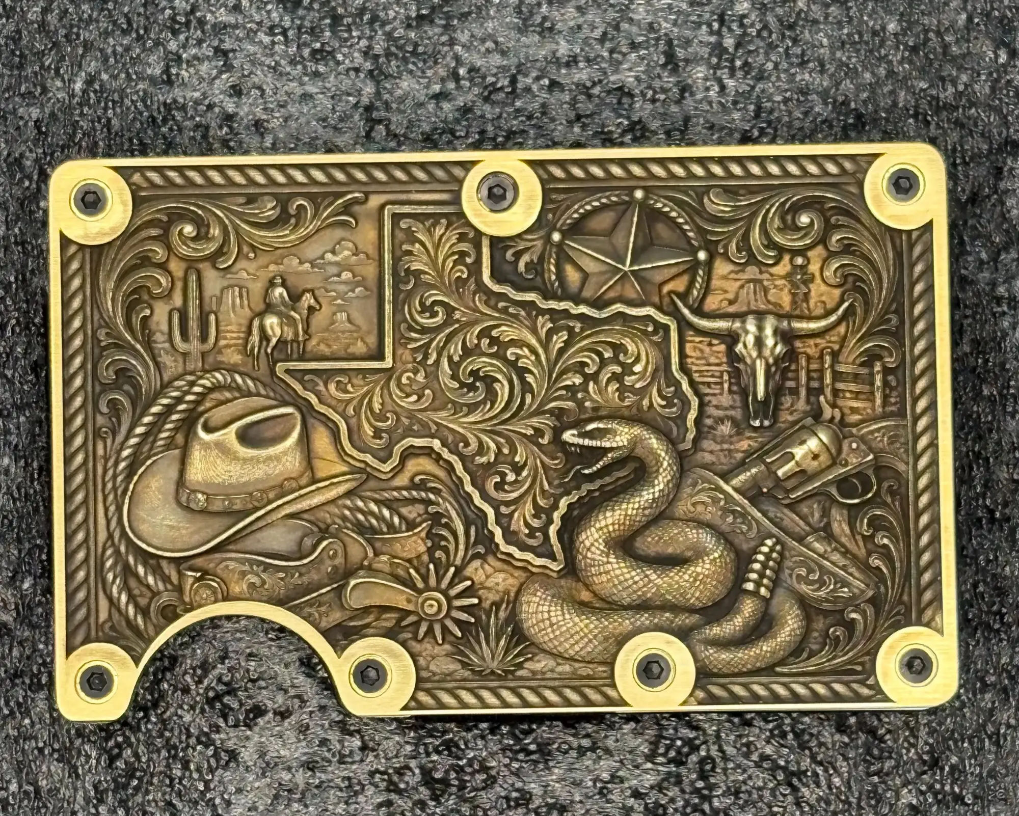Minimalist Brass Engraved Wallet | Texas, Americana, Biker Skull Designs, Money Clip