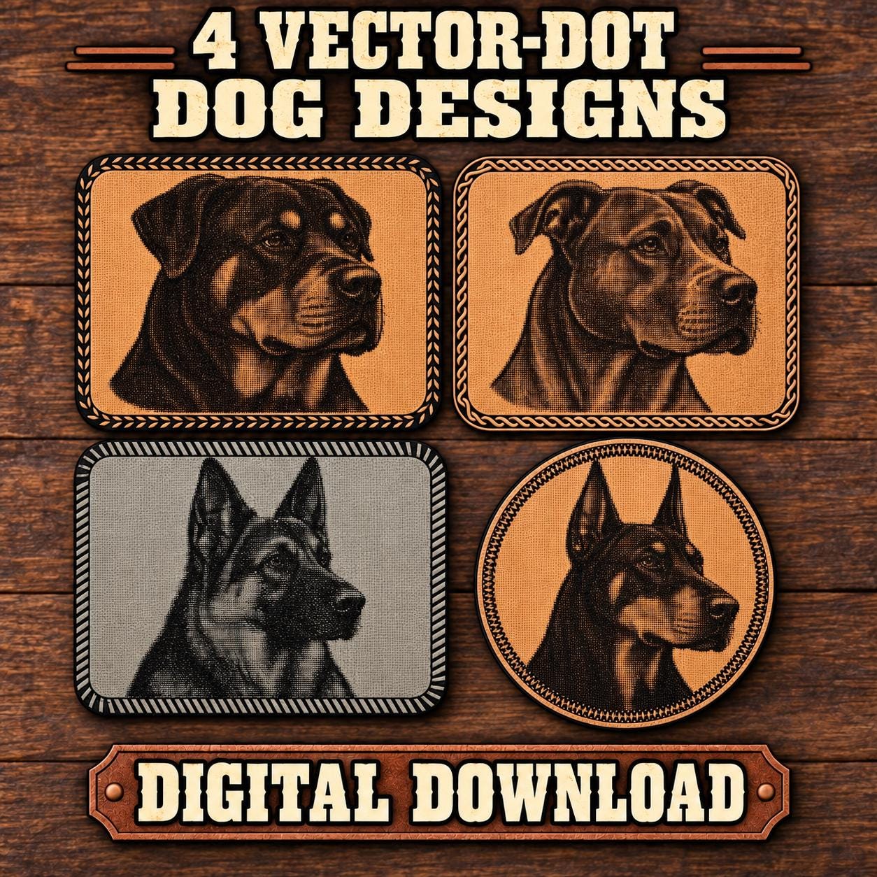 Dog Portrait SVG Bundle – Pit Bull, German Shepherd, Doberman & Rottweiler Vector-Dot Laser Files