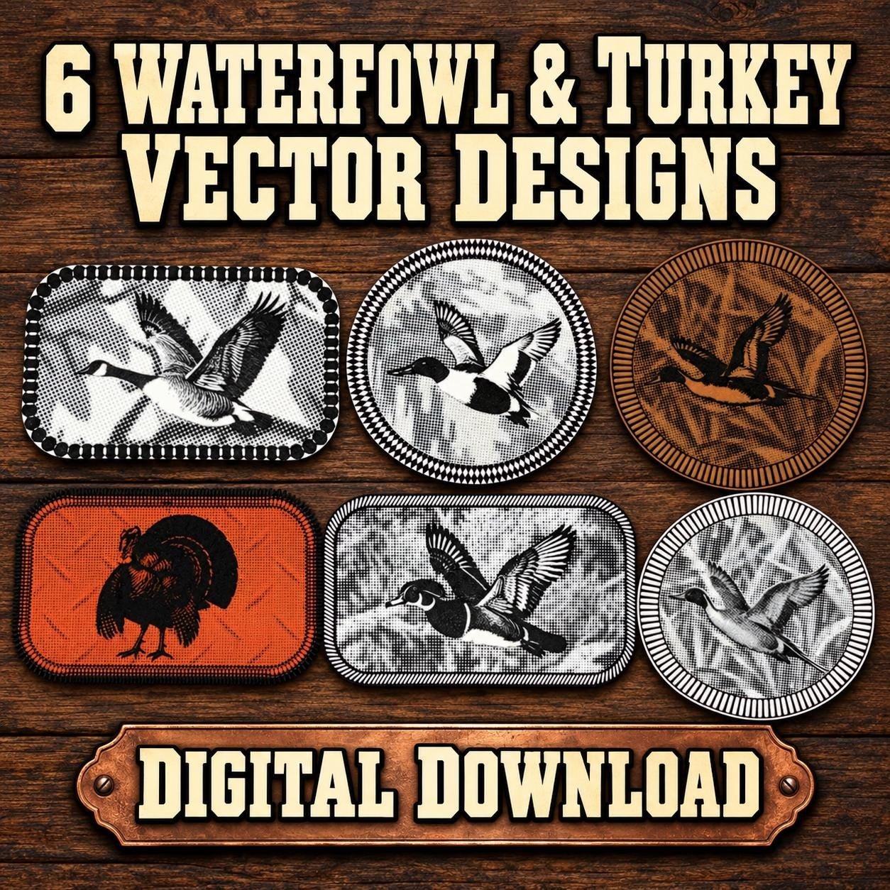 Duck Hunting SVG Bundle – 6 Waterfowl & Turkey Vector-Dot Designs for Laser Engraving and Hat Patches