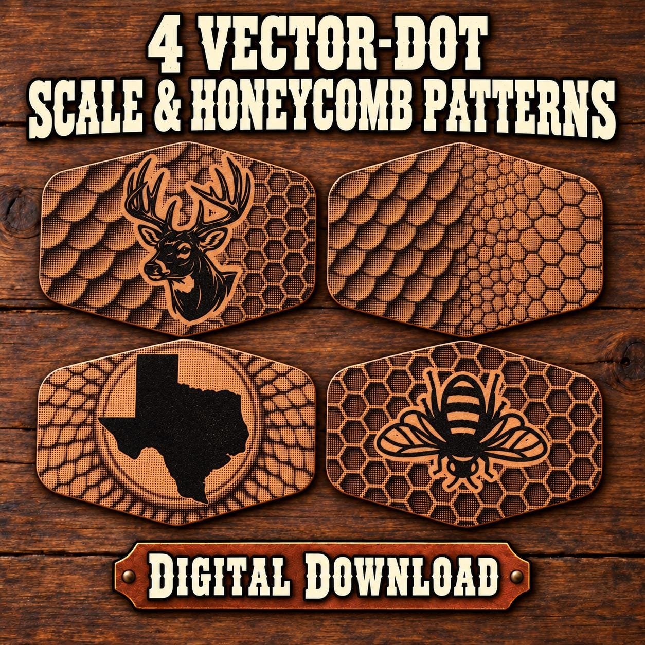 Fish Scale & Honeycomb Pattern SVG Bundle – Vector-Dot Laser Engraving Backgrounds for Patches