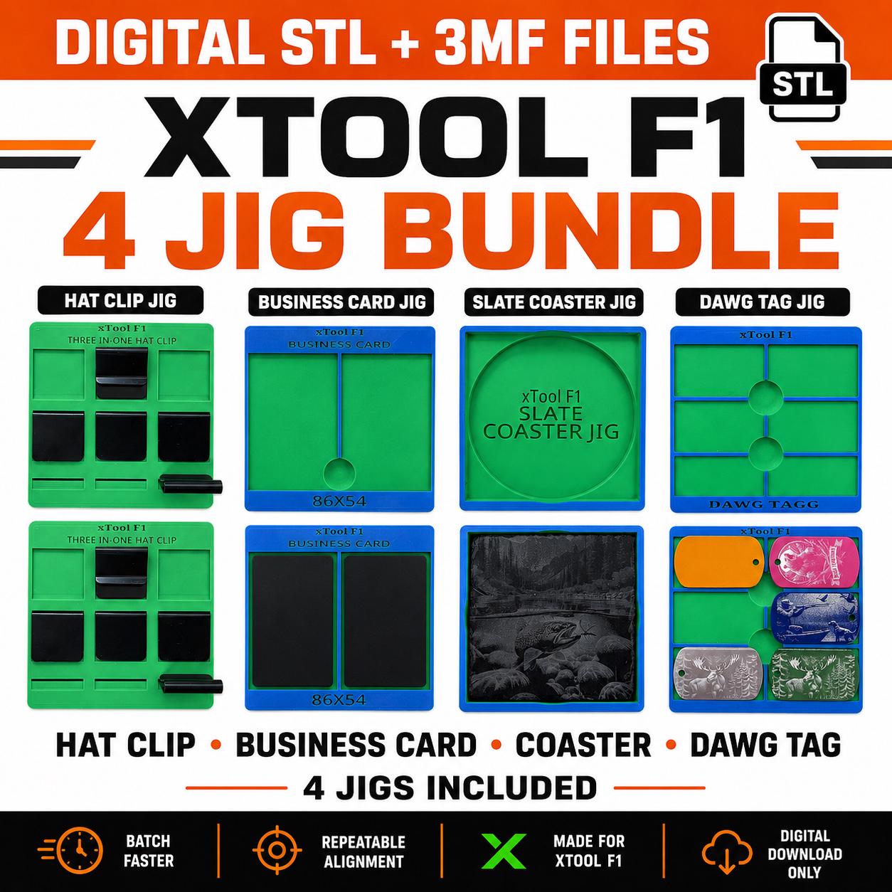 xTool F1 Laser Engraving Jig Bundle STL 4 Jigs Hat Clip Business Card Coaster Dog Tag